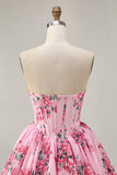 Pink Flower A-Line Strapless Printed Homecoming Dress with Beading