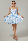 Strapless White Blue Flower A-Line Printed Homecoming Dress with Beading