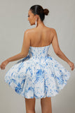 Strapless White Blue Flower A-Line Printed Homecoming Dress with Beading