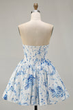 Pink Flower A-Line Strapless Printed Homecoming Dress with Beading