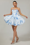 Strapless White Blue Flower A-Line Printed Homecoming Dress with Beading