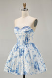 Pink Flower A-Line Strapless Printed Homecoming Dress with Beading