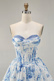 Pink Flower A-Line Strapless Printed Homecoming Dress with Beading
