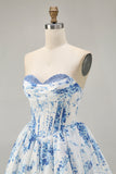 Pink Flower A-Line Strapless Printed Homecoming Dress with Beading