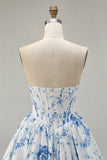 Pink Flower A-Line Strapless Printed Homecoming Dress with Beading