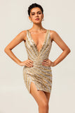 Sparkly Bodycon Sequins V-Neck Golden Short Homecoming Dress