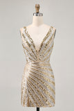 Sparkly Golden Bodycon Sequins V-Neck Homecoming Dress