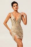 Sparkly Bodycon Sequins V-Neck Golden Short Homecoming Dress