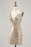 Sparkly Golden Bodycon Sequins V-Neck Homecoming Dress