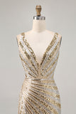 Sparkly Golden Bodycon Sequins V-Neck Homecoming Dress