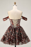 Khaki Leopard Off the Shoulder Corset A Line Mini Homecoming Dress