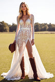 White Lace Long Sleeves Western Boho Wedding Dress with Slit