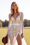 White Lace Long Sleeves Western Boho Wedding Dress with Slit