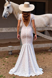 Lace Mermaid White Western Wedding Dress with Slit