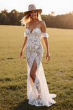Sweetheart White Lace Boho Mermaid Wedding Dress with Slit