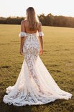 Sweetheart White Lace Boho Mermaid Wedding Dress with Slit