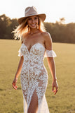 Sweetheart White Lace Boho Mermaid Wedding Dress with Slit