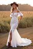 White Off the Shoulder Lace Mermaid Wedding Dress with Slit