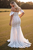 White Off the Shoulder Lace Mermaid Wedding Dress with Slit
