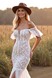 White Off the Shoulder Lace Mermaid Wedding Dress with Slit