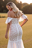 White Off the Shoulder Lace Mermaid Wedding Dress with Slit