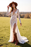 White Mermaid Lace Sweep Train Western Wedding Dress with Slit