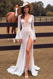 White Lace Mermaid Western Wedding Dress with High Slit