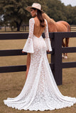 White Lace Mermaid Western Wedding Dress with High Slit