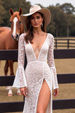 White Lace Mermaid Western Wedding Dress with High Slit