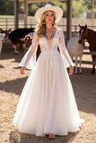 A Line White Deep V Neck Wedding Dress with Lace