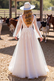 A Line White Deep V Neck Wedding Dress with Lace