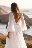 White A Line V Neck Sweep Train Wedding Dress with Slit