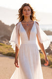 White V Neck Sweep Train Wedding Dress with Ruffles