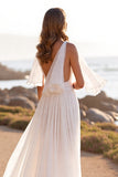White V Neck Sweep Train Wedding Dress with Ruffles