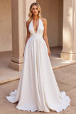 White Simple Halter A Line Sweep Train Wedding Dress