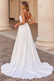 White Simple Halter A Line Sweep Train Wedding Dress