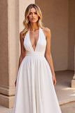 White Simple Halter A Line Sweep Train Wedding Dress