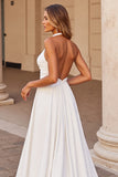 White Simple Halter A Line Sweep Train Wedding Dress