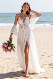 White A Line Chiffon Sweep Train Beach Wedding Dress with Lace
