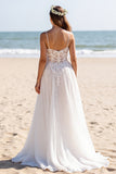 White A Line Chiffon Sweep Train Beach Wedding Dress with Lace