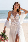 White A Line Chiffon Sweep Train Beach Wedding Dress with Lace