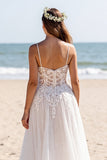 White A Line Chiffon Sweep Train Beach Wedding Dress with Lace
