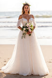 White Cold Shoulder A Line Beach Wedding Dress with Lace