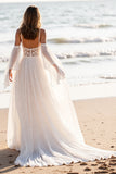 White Cold Shoulder A Line Beach Wedding Dress with Lace