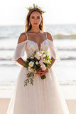 White Cold Shoulder A Line Beach Wedding Dress with Lace