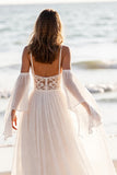 White Cold Shoulder A Line Beach Wedding Dress with Lace