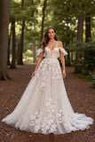 White Off the Shoulder A Line Appliqued Wedding Dress