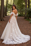 White Off the Shoulder A Line Appliqued Wedding Dress