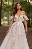 White Off the Shoulder A Line Appliqued Wedding Dress
