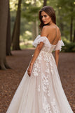 White Off the Shoulder A Line Appliqued Wedding Dress